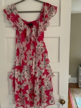 Donna Karan Hot Pink and White Floral Ruffle Dress
